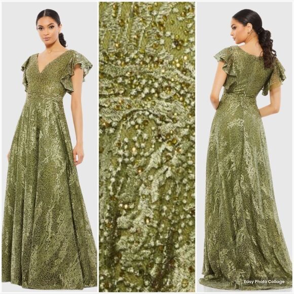 MAC DUGGAL 20310 Womens Green Embroidered Flutter Sleeve V-Neck Gown Dress - Picture 1 of 14